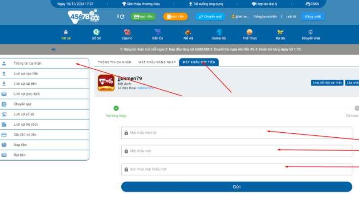 Đổi mật khẩu rút tiền trên máy tính 45678